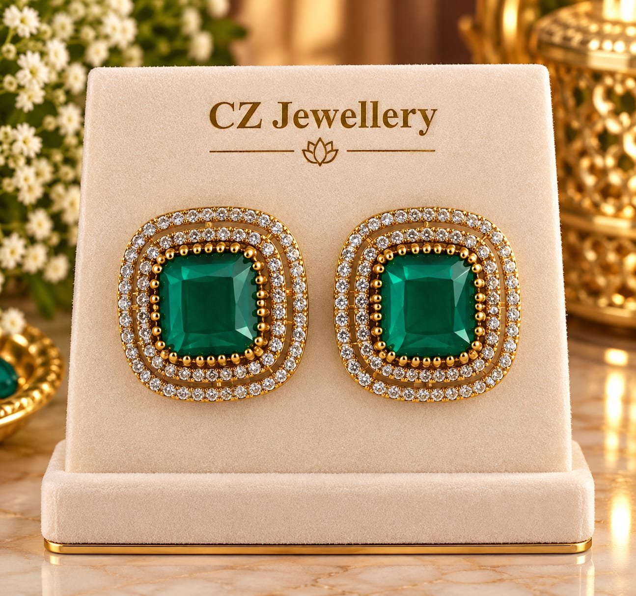 Square Green CZ Earrings