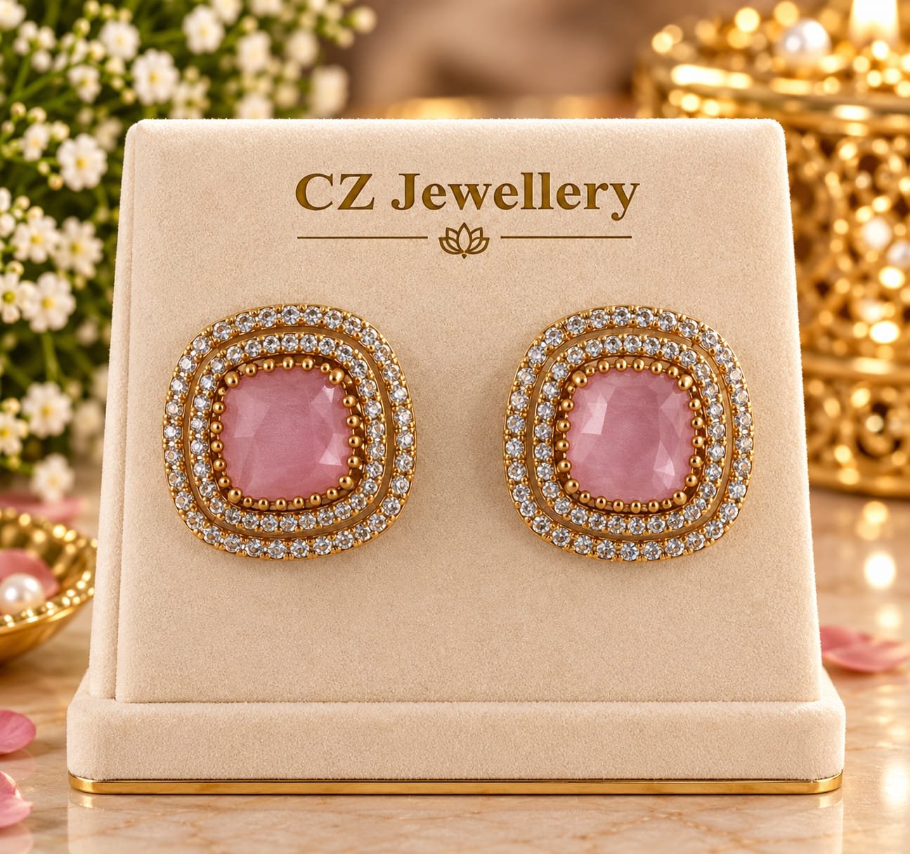 Square Pink CZ Earrings