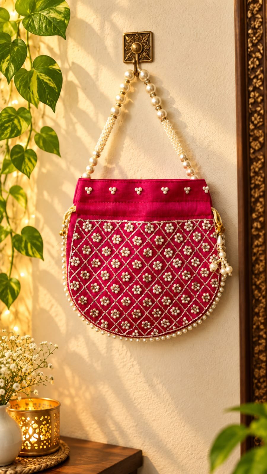 Gulabi silk Moti Potli