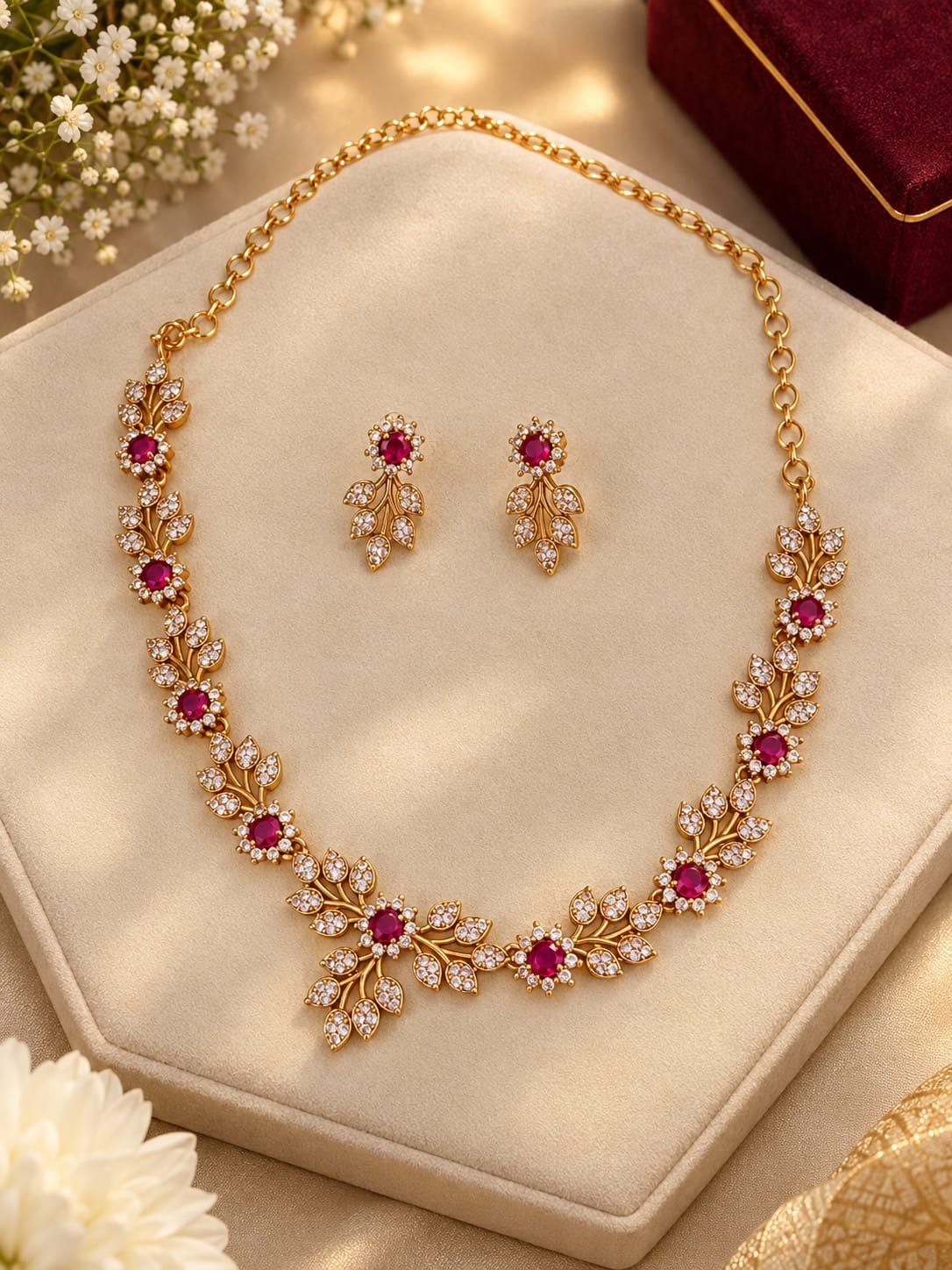 Red Flower Leaf Necklace