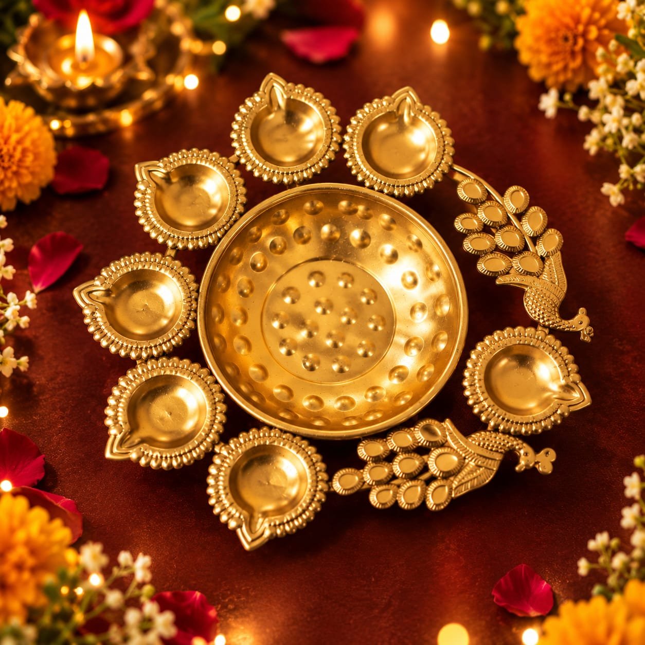 Peacock Brass Urli Diya Plate