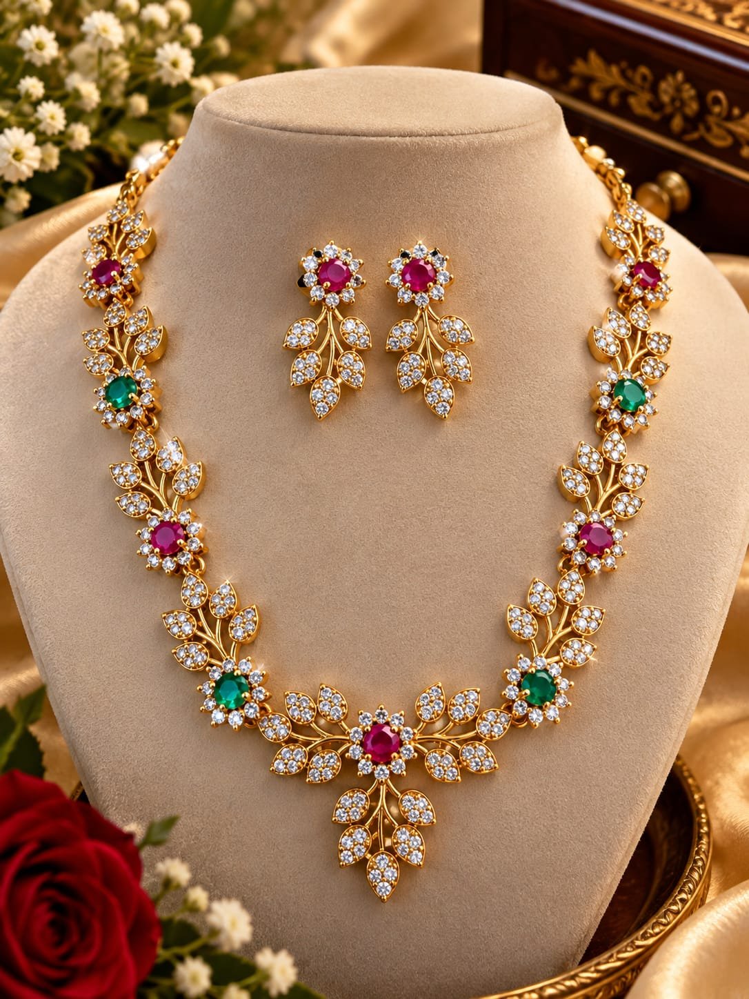 Red Green Flower Leaf Necklace